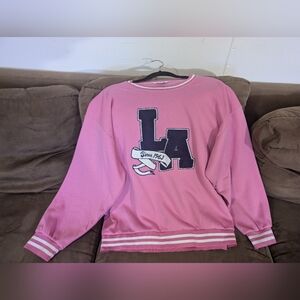 Refuge Pink Crew Neck Sweater with Varsity Style Loose Fit